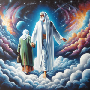 An acrylic painting of Jesus, he has his white rob on, walking o...
