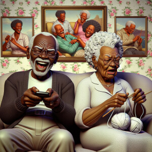 Digital art, a stylized African-American elderly couple wearing...