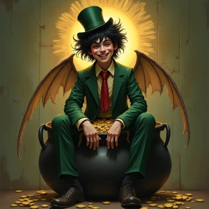 A dark, whimsical digital painting of a mischievous young man wi...