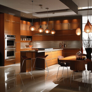 Design a modern European kitchen with sleek wood cabinets and st...