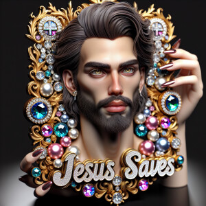 A 3D realistic artwork featuring the phrase 'Jesus Saves' adorne...