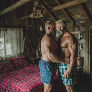 Two muscular bodybuilders men with blonde beards, dressed in blu...