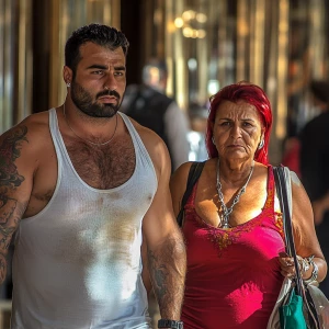 realism,.A sweaty beefy man walking with his 54 year old kashmir...
