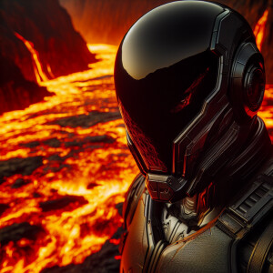 Closeup portrait of Darth Vader standing by a lava river