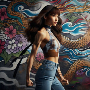 Very thin Athletic Thin skinny Attractive, Asian teenage girl, long brown hair and bangs, wearing tight skinny jeans and a halter top paint marks on her clothing, sitting side view heroic pose Asian graffiti