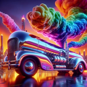 A colossal, chrome-plated "Fart Mobile" - a whimsical, elongated...