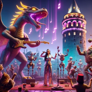 "A surreal concert scene in front of Galata Tower, Istanbul: A g...