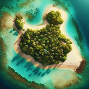 A tropical island surrounded by turquoise water, showing sandy b...