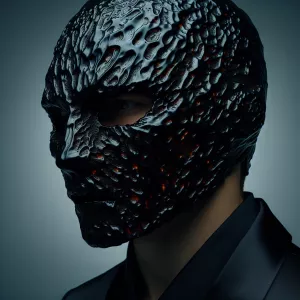A man wearing a gelatinous charred mask