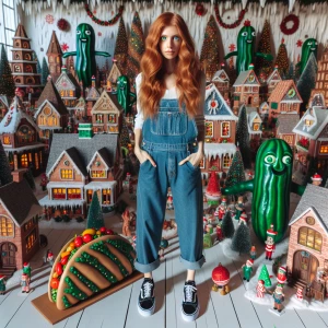 Whimsical Christmas scene A woman with shoulder-length, vibrant...