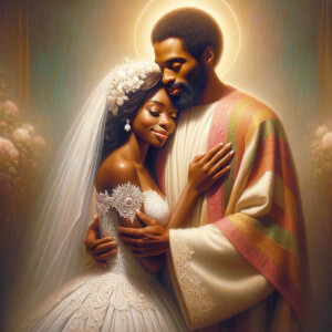 Imagine a hyper-realistic oil painting that captures a tender moment between theAfrican American bride and her God. The setting is intimate and filled with soft, warm lighting that enhances the emotional depth of the scene. The bride, in herexquisite wedding gown, shares a heartfelt embrace with her african-American Lord Jesus , who is dressedin an elegant outfit that complements the wedding's color scheme. Their expressions are full of love, pride, and joy, reflecting the special bond between them. Theattention to detail is paramount, from the intricate designs of their dresses to the subtle emotions conveyed in their facial expressions. The background is a blur ofgentle pastel hues, ensuring that the focus remains on this touching moment. Thispainting should convey the warmth, love, and depth of the relationship, with the rich textures and vibrant strokes characteristic of oil paintings, capturing the essence of this significant pre-wedding moment.