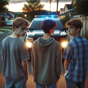 Three Caucasian teenagers walk to a police car with their hands...