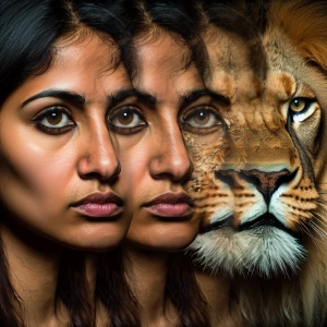 A symbiote woman's face transforming into a lion's snout.