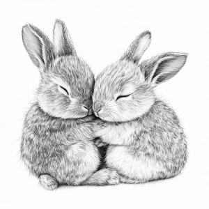 Two fluffy baby rabbits, both drawn in pen and ink, cuddling clo...