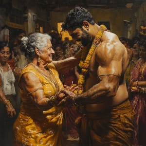 Realism painting,A muscular, sweaty man joyously celebrates Diwa...