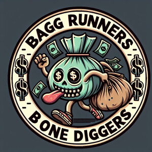 Design a circular logo featuring a cartoon character of a money...