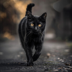 A beautiful black cat walking towards the camera