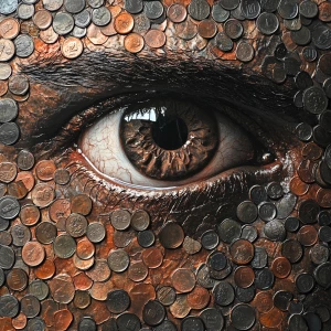Call formed with pennies hyperrealistic ,eyes staring into the c...