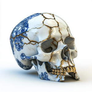 A broken human skull of Lisbon white and blue porcelain, with no...