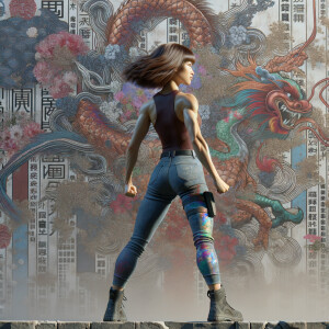 Athletic Thin skinny Attractive, Asian teenage girl, long brown hair and bangs, wearing tight skinny jeans and a halter top paint marks on her clothing, heroic pose Asian graffiti background, backside view