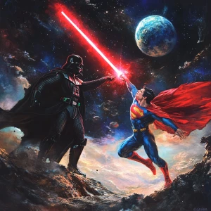 Create an image depicting a showdown between Darth Vader wieldin...