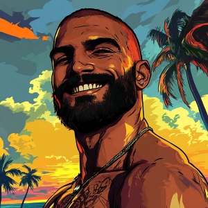 White muscular thin man with beard, big chin, smile and cheekbon...