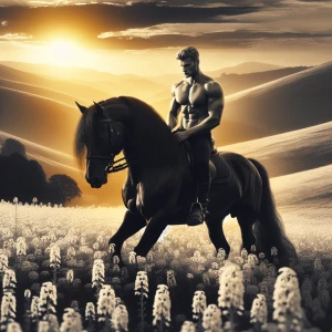 Muscular, fair-skinned country boy shirtless riding an elegant b...