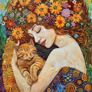 Create an image of a stunning woman adorned with flowers in her...