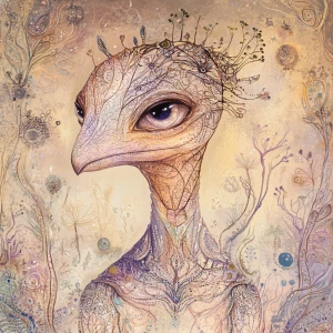 A serene alien hybrid portrait inspired by the craft-focused tra...