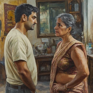 Realistic painting 1:1,A muscular sweaty man talking to his 54 y...