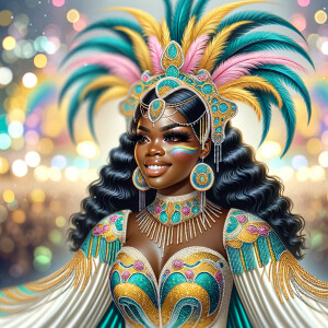 Create a 3-D  vivid full-body view of a colorful glossy hyper-realistic oil painting of a detailed illustration full length photo single image of a beautiful African-American caramel skinned woman plus sized, with long, black, wavy hair, her make up is airbrushed and flawless, she is dressed in a white, teal and yellow large, elaborate, elegant, very detailed carnival costume with colorful African-American pink, blue, gold yellow green feathers, flawless makeup, prominent lashes, black peep toe heels, white pixie hair, background bokeh, she is stunning and smiling, digital art.