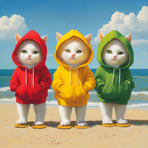 Three cream colored kittens wearing red, yellow and green hoodie...