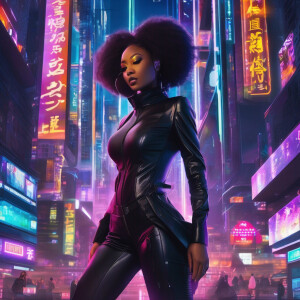 a beautiful Nigerian woman in a futuristic cityscape, surrounded...