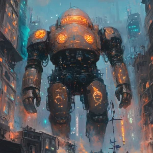 In an otherworldly holo-deck scenario, a towering figure of a mechanical golem with intricate clockwork gears and glowing runes etched into its metallic surface looms over a labyrinthine urban setting. The image, a digital painting, captures the golem amidst a backdrop of avant-garde cityscape designs and abstract geometric shapes. The details shimmer with a surreal brilliance, from the shimmering bronze hues of the golem's body to the pulsating neon lights that dance across the architecture. This high-definition image immerses the viewer in a mesmerizing fusion of ancient mysticism and futuristic urban chaos.