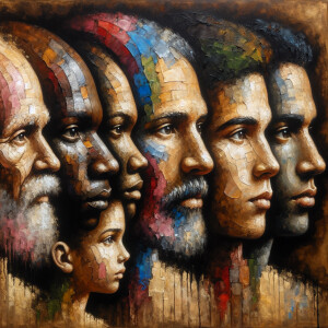A textured oil painting  with lots of color, of six men faces la...