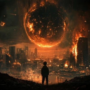 A dystopian future city, a boy watches as the world collapses, w...