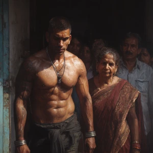Photo hyperrealism,painting..a muscular sweaty beefy man walking...