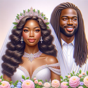 Create a 3-D realistic oil, painting of a beautiful African-American bride. She has long flooring, wavy hair and her gown has beautiful jewels around the neckline. in the background there is a beautiful African-American Jesus Christ with long dreadlocks, and he is smiling. He is very handsome pastel flowers throughout the image.