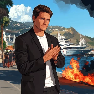 Create an image of a character wearing a black blazer over a whi...