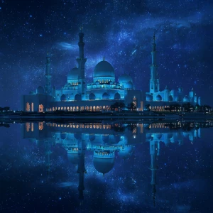 Generate an image of a grand mosque with glowing blue domes unde...