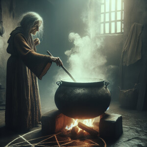 Old witch standing over cauldron stirring, pentagram on the floo...