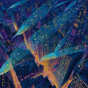 Macroscopic aerial view of New York City skyscrapers, surreal at...