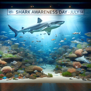 “Shark Awareness Day - July 14” spelled correctly on a banner; s...