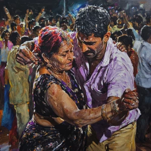Realism painting,a muscular beefy sweaty gujarati man dancing wi...