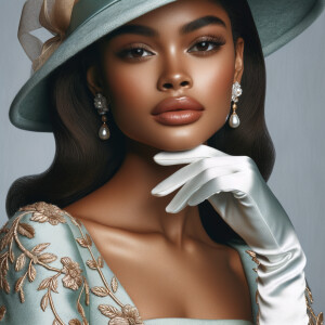 Imagine a portrait of a light-skinned African-American woman with distinct Hawaiian features. She has a serene and regal expression, with full lips and high cheekbones, exuding elegance. Her hair is styled in loose waves that cascade down her shoulders. She wears a lavish mint green gown with intricate golden embroidery, reminiscent of traditional Hawaiian patterns, adding a touch of regal heritage. A sophisticated, wide-brimmed hat in matching mint green adorns her head, accented with a tasteful ribbon. The woman is accessorized with elegant pearl earrings and a matching necklace, highlighting her refined taste. She poses gracefully with one hand delicately touching her chin, showcasing long, white satin gloves that reach past her elbows, completing this harmonious blend of Hawaiian allure and timeless sophistication.