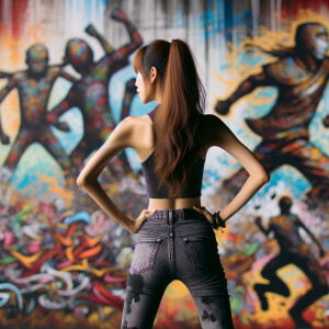 Attractive, Asian teenage girl, long brown hair and bangs, wearing tight skinny jeans and a halter top paint marks on her clothing, backside view heroic pose Asian graffiti