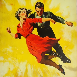 Album cover featuring a woman and a man dancing to upbeat music.