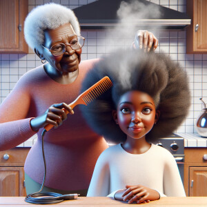 Create a realistic 3-D image of an african-American grandmother in the kitchen with her african-American granddaughter. The grandmother has a hot comb in her hair and she is straightening her granddaughters hair. One side of her granddaughters hair is in  a Afro the other is bone straight 
There is smoke coming from the hot comb