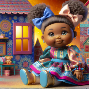 Design a 3-D realistic original African-American Cabbage Patch doll. She has on a blue pink and gold dress with matching booties. She has pink and blue bows in her hair. she lives inside of a colorful dollhouse. She has freckles and big dimples.