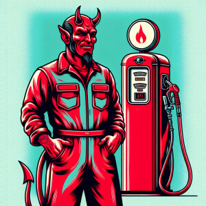 A 1950s design red devil in a mechanics jumpsuit, standing next...